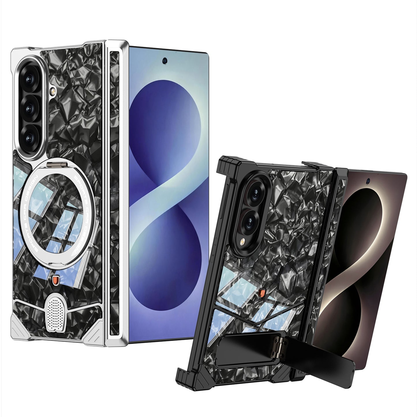Armor King Hypercar MagSafe Pivot Ring Stand Elastic Buckle Metal+Marble Texture Back Case Cover