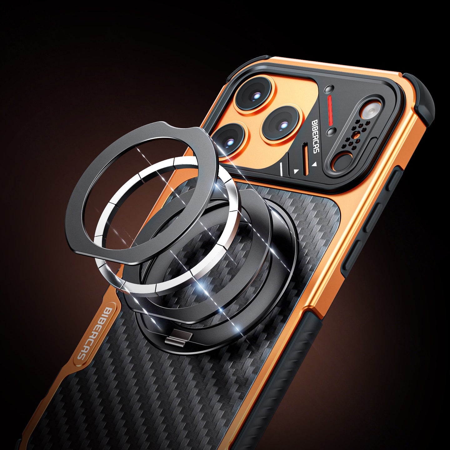 Armor King Urban Mecha MagSafe Shockproof TPU + Metal Frame + Carbon Fiber Backplate / Wooden Board Case Cover