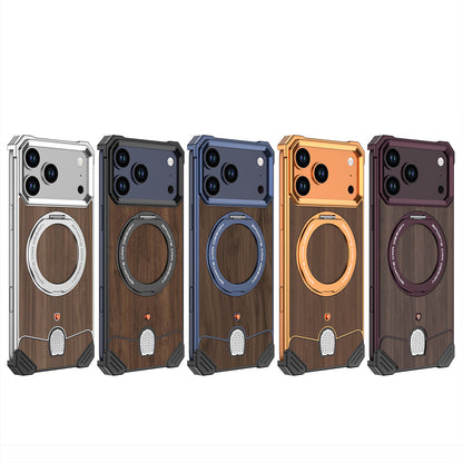 Armor King Hypercar MagSafe Pivot Ring Stand Elastic Buckle Metal+Walnut Texture Back Case Cover