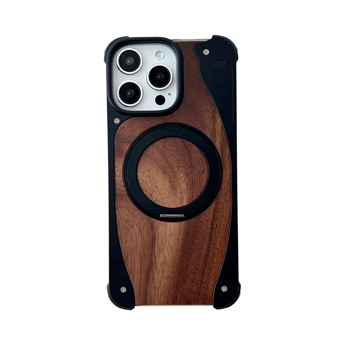 Armor King Stoat Bezel-less MagSafe Pivot Ring Stand Walnut Wood Metal Case Cover