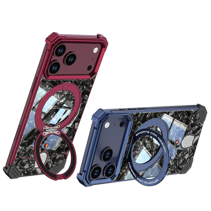 Armor King Hypercar MagSafe Pivot Ring Stand Elastic Buckle Metal+Marble Texture Back Case Cover