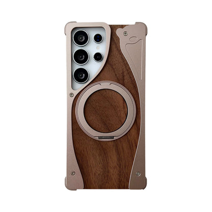 Armor King Stoat Bezel-less MagSafe Pivot Ring Stand Walnut Wood Metal Case Cover