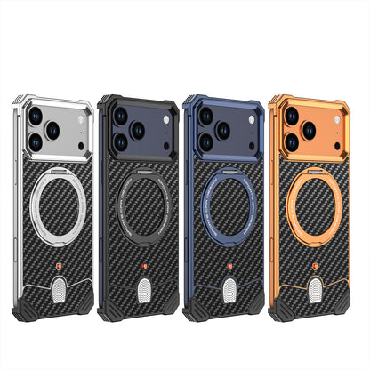 Armor King Hypercar MagSafe Pivot Ring Stand Elastic Buckle Metal+Carbon Fiber Texture Back Case Cover