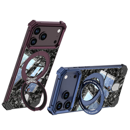 Armor King Hypercar MagSafe Pivot Ring Stand Elastic Buckle Metal+Marble Texture Back Case Cover