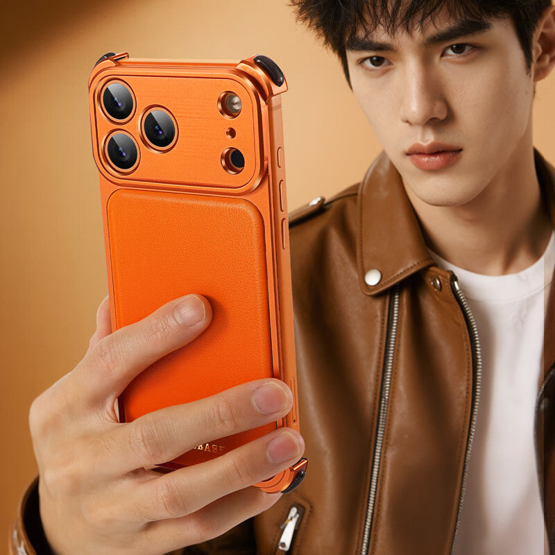 Oatsbasf Armour MagSafe Aluminum Bumper Genuine Leather Air Cushion Shockproof Case Cover