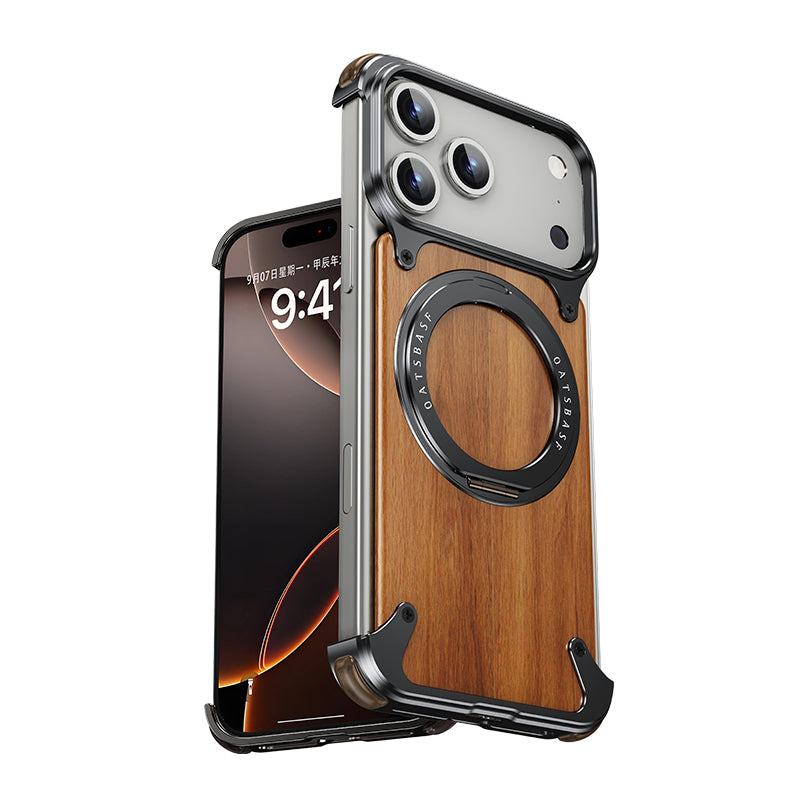 Oatsbasf MagSafe Pivot Ring Stand Air Cushion Metal + Walnut Wood Back Case Cover