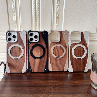 Armor King Stoat Bezel-less MagSafe Pivot Ring Stand Walnut Wood Metal Case Cover