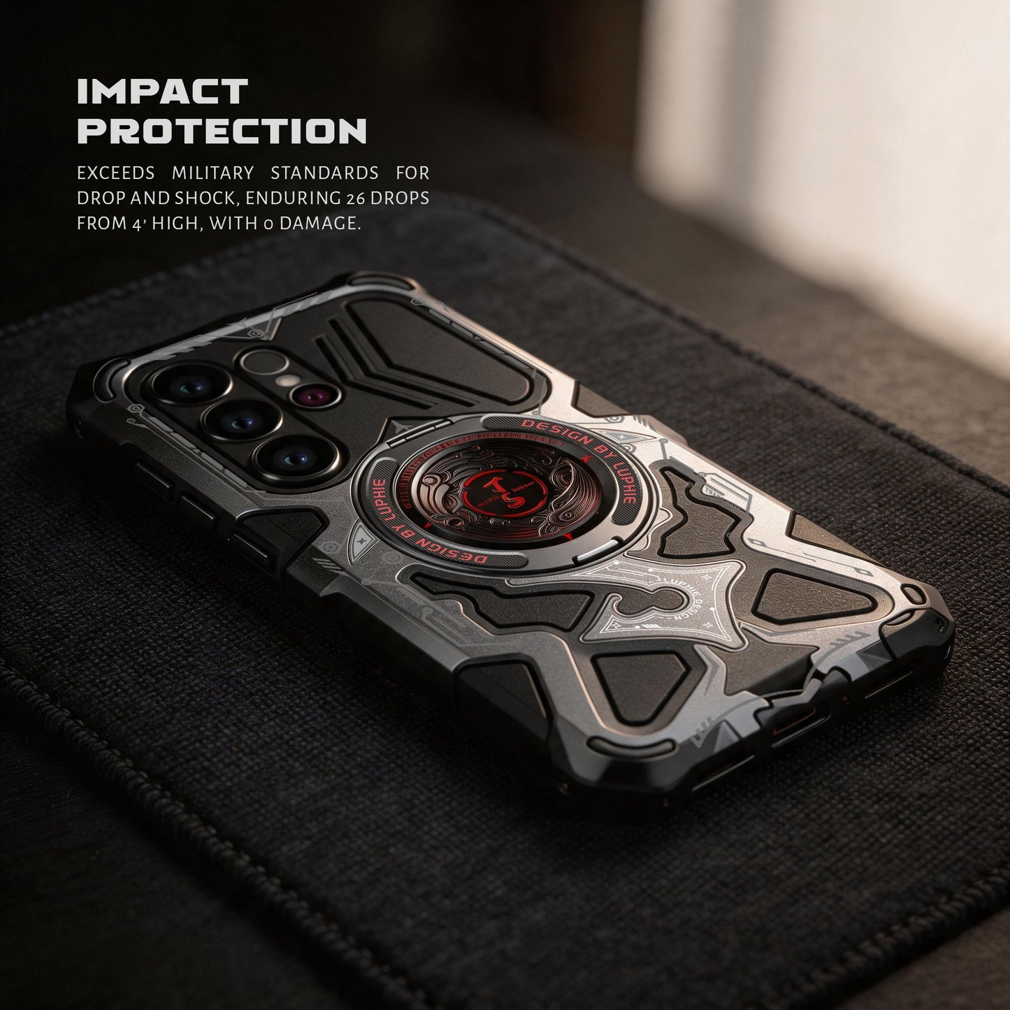 Luphie TS Water-resistant Shockproof Heavy Duty Mecha Metal Case Cover with MagSafe Pivot Ring Stand