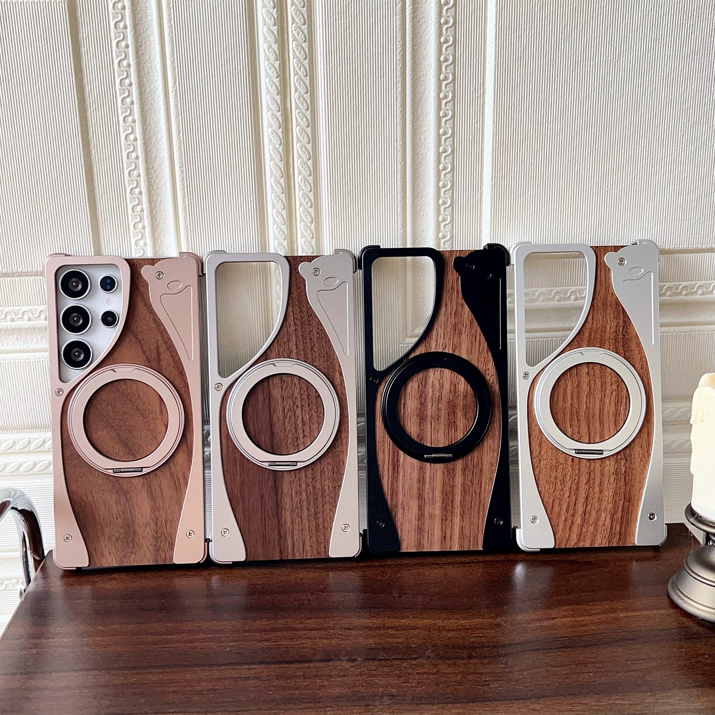 Armor King Stoat Bezel-less MagSafe Pivot Ring Stand Walnut Wood Metal Case Cover