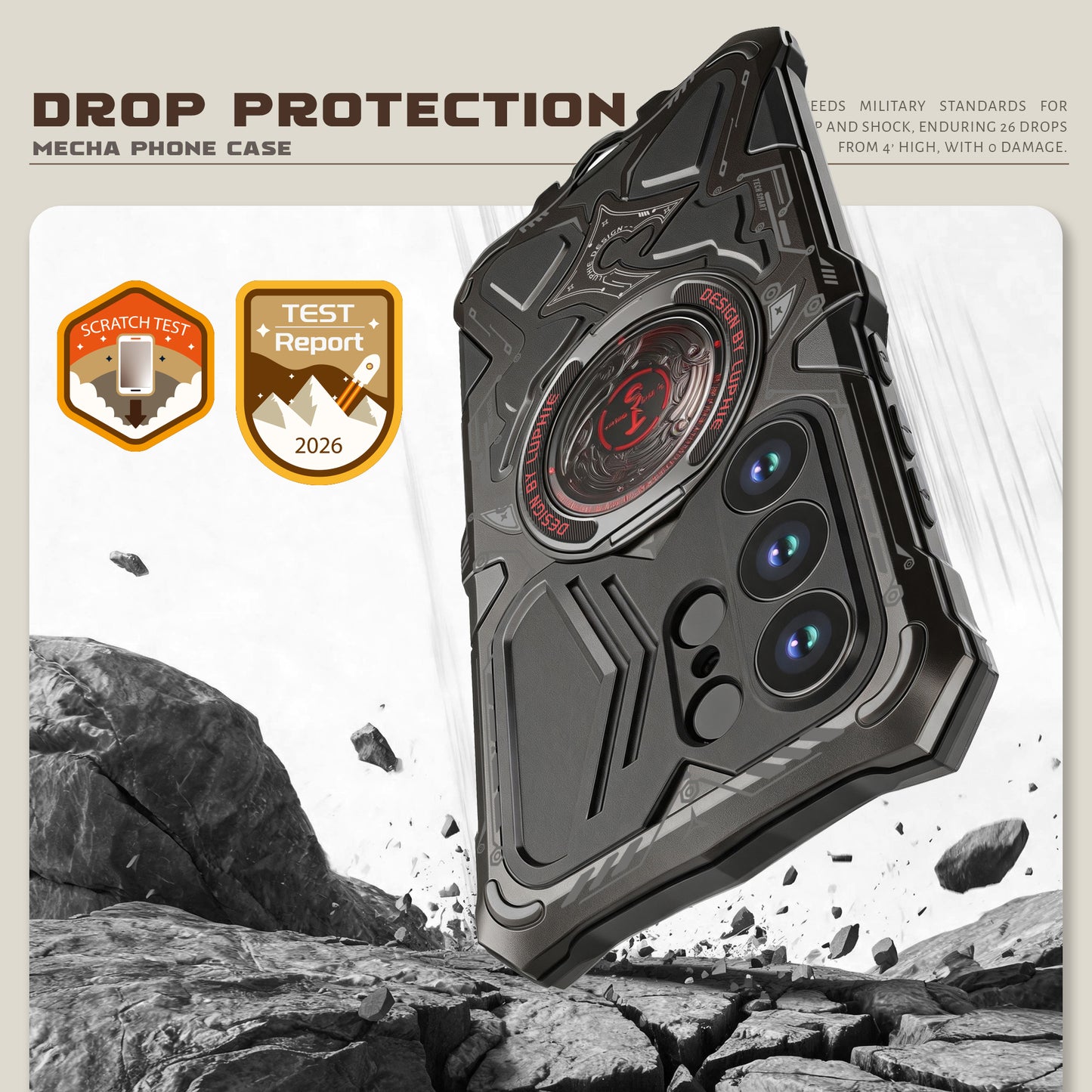 Luphie TS Water-resistant Shockproof Heavy Duty Mecha Metal Case Cover with MagSafe Pivot Ring Stand