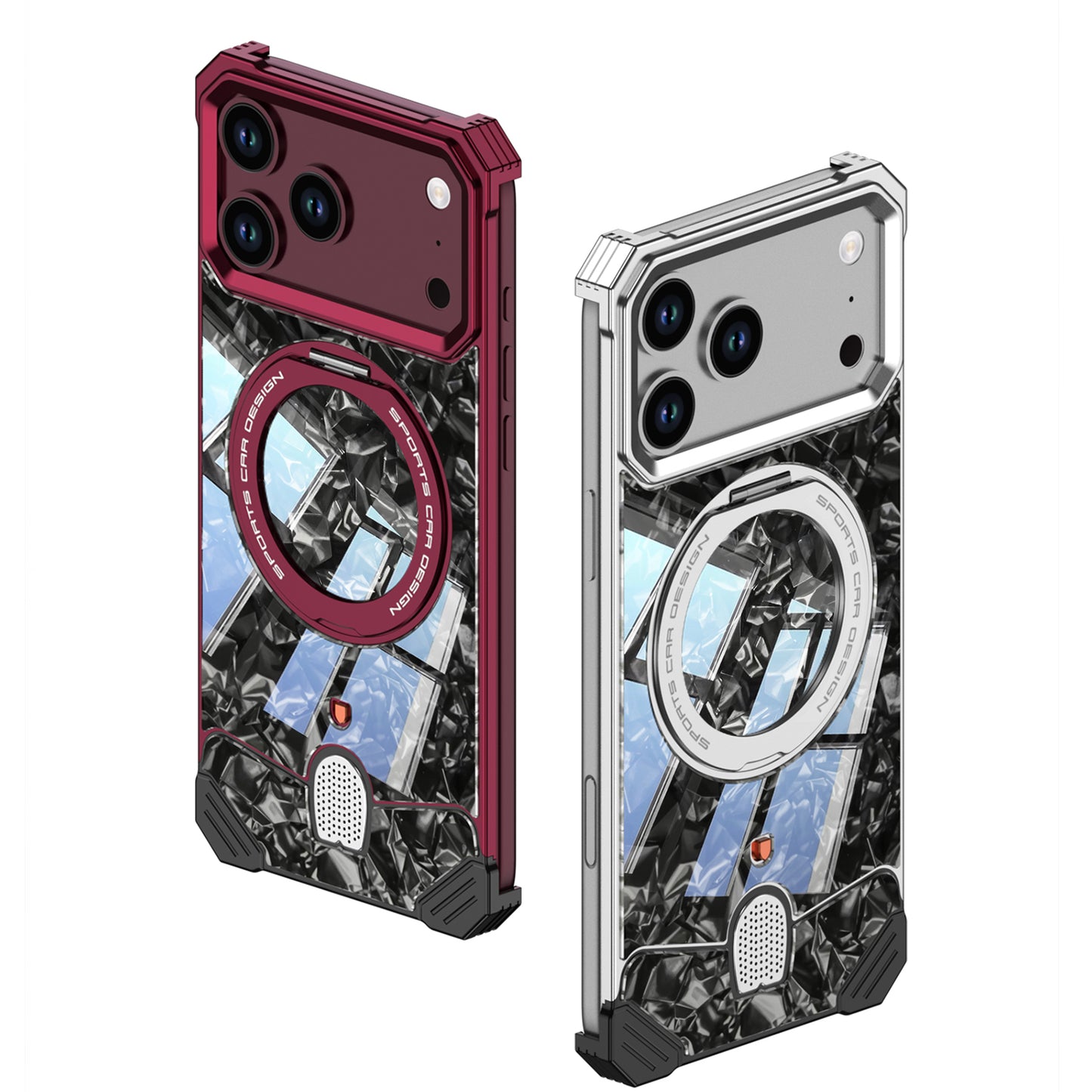 Armor King Hypercar MagSafe Pivot Ring Stand Elastic Buckle Metal+Marble Texture Back Case Cover