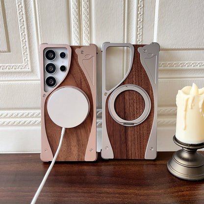Armor King Stoat Bezel-less MagSafe Pivot Ring Stand Walnut Wood Metal Case Cover
