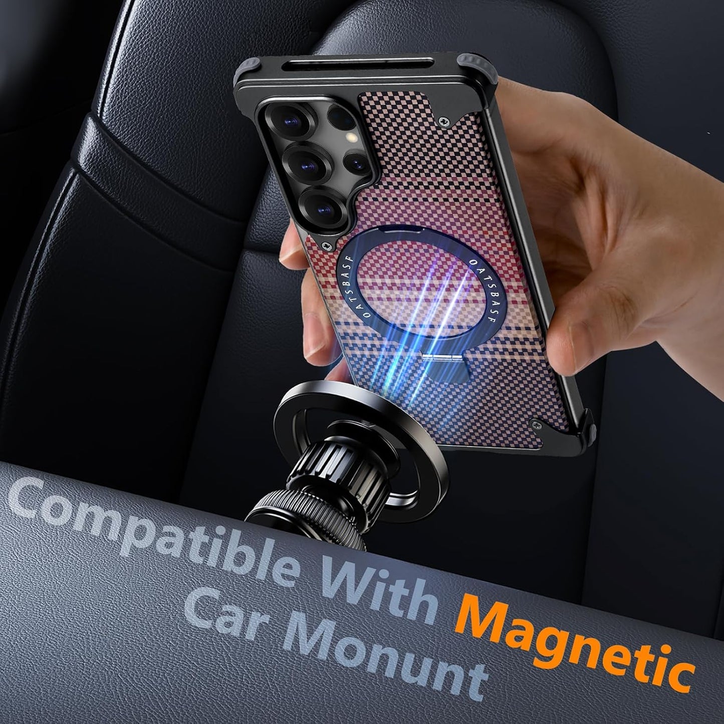 Oatsbasf MagSafe Pivot Ring Stand Air Cushion Artistic Carbon Fiber Texture Back Metal Case Cover