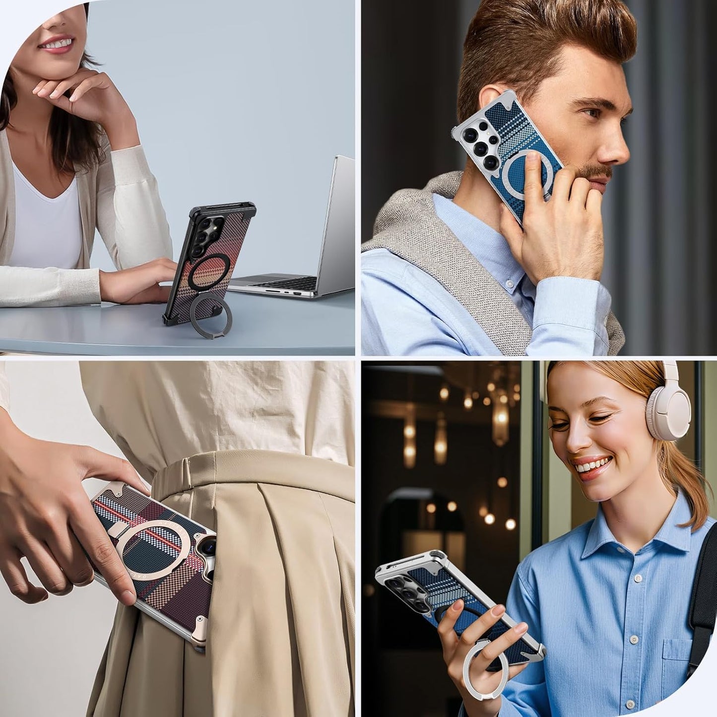 Oatsbasf MagSafe Pivot Ring Stand Air Cushion Artistic Carbon Fiber Texture Back Metal Case Cover