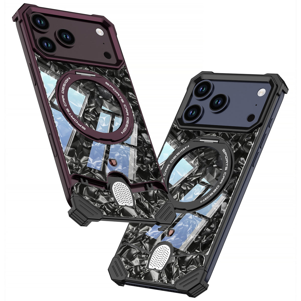 Armor King Hypercar MagSafe Pivot Ring Stand Elastic Buckle Metal+Marble Texture Back Case Cover