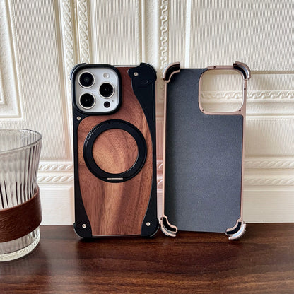 Armor King Stoat Bezel-less MagSafe Pivot Ring Stand Walnut Wood Metal Case Cover
