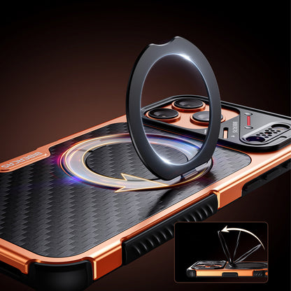 Armor King Urban Mecha MagSafe Shockproof TPU + Metal Frame + Carbon Fiber Backplate / Wooden Board Case Cover