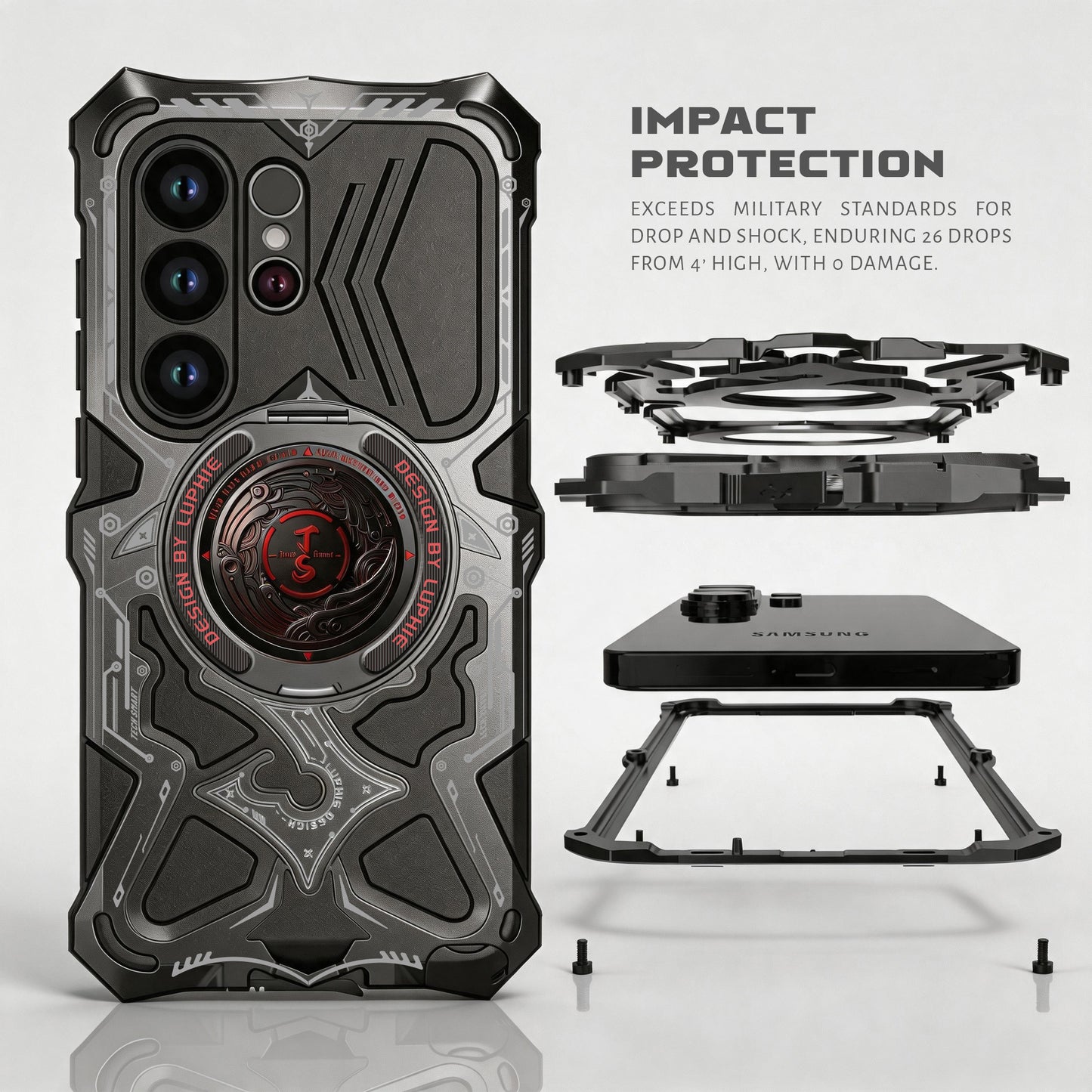 Luphie TS Water-resistant Shockproof Heavy Duty Mecha Metal Case Cover with MagSafe Pivot Ring Stand