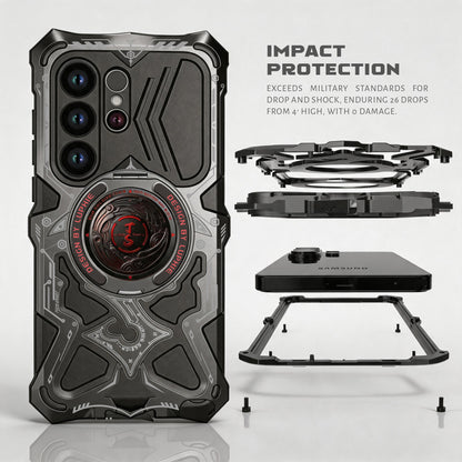Luphie TS Water-resistant Shockproof Heavy Duty Mecha Metal Case Cover with MagSafe Pivot Ring Stand