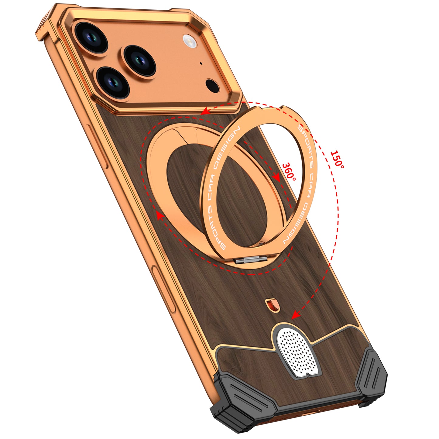 Armor King Hypercar MagSafe Pivot Ring Stand Elastic Buckle Metal+Walnut Texture Back Case Cover