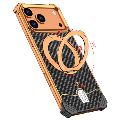 Armor King Hypercar MagSafe Pivot Ring Stand Elastic Buckle Metal+Carbon Fiber Texture Back Case Cover