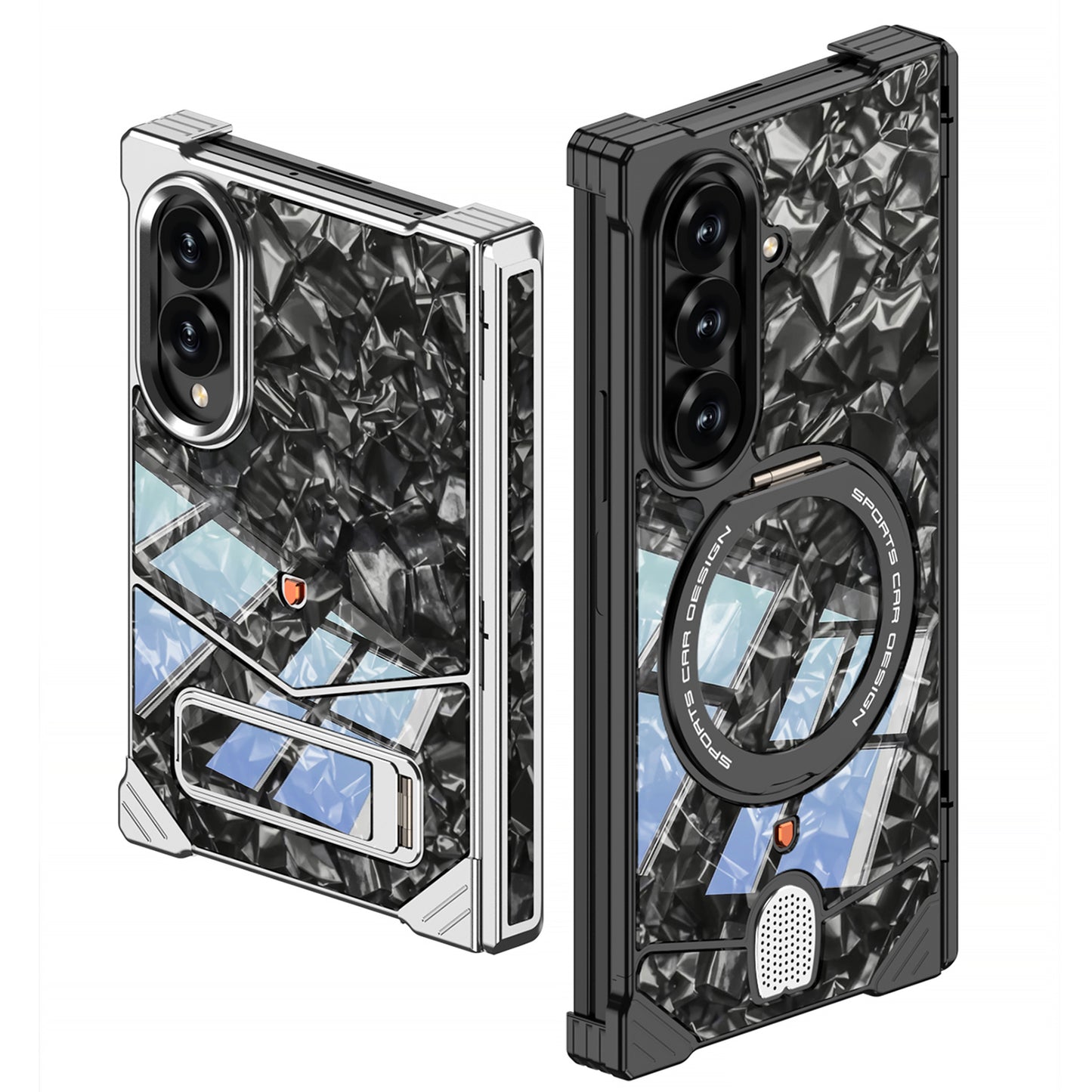Armor King Hypercar MagSafe Pivot Ring Stand Elastic Buckle Metal+Marble Texture Back Case Cover