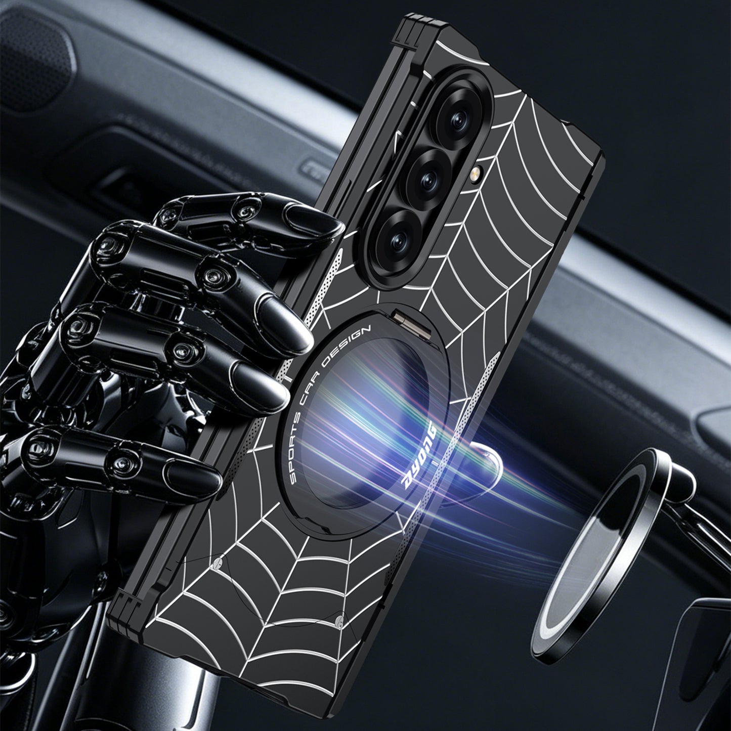 Armor King Spiderweb MagSafe Pivot Ring Stand Shockproof Frameless Metal Case Cover