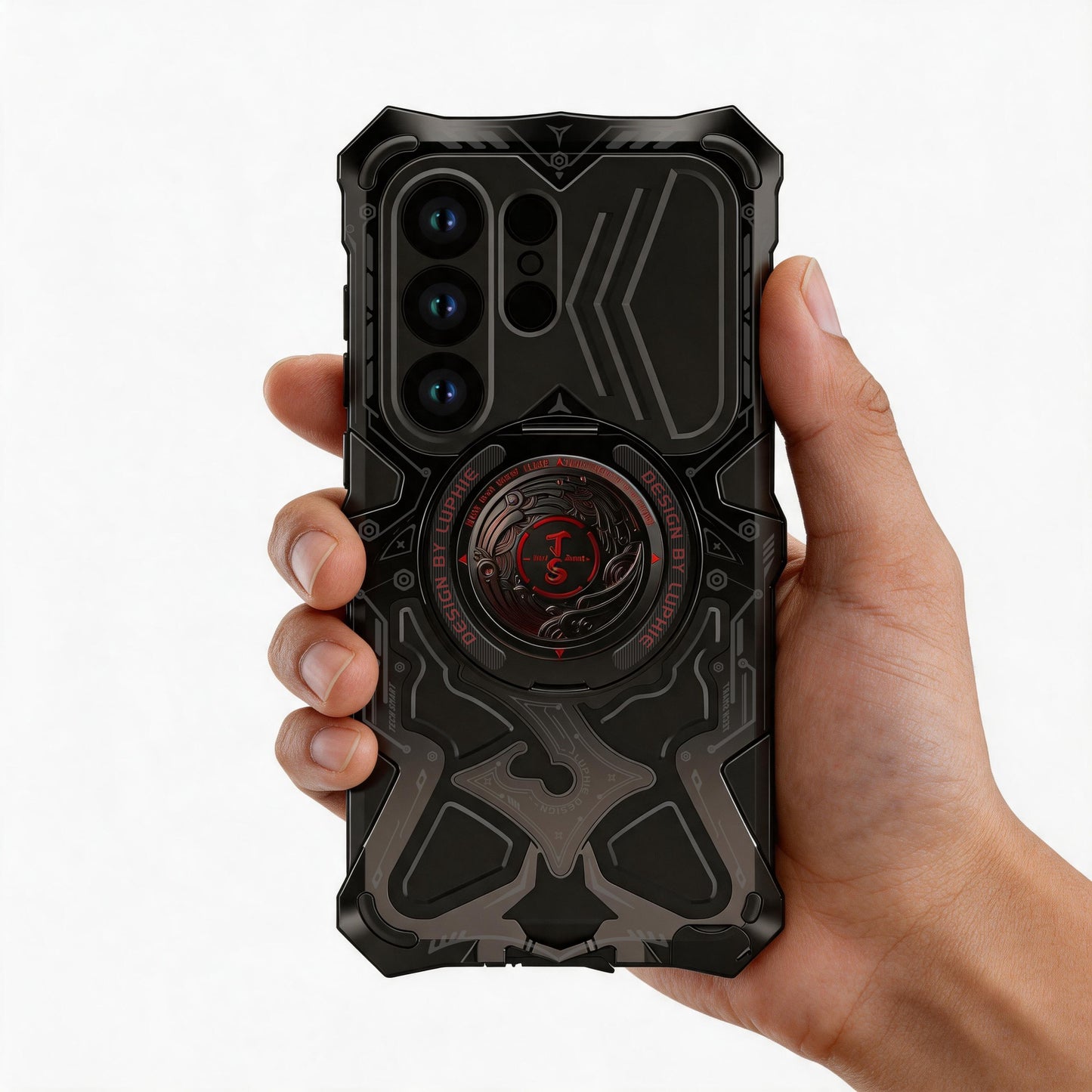 Luphie TS Water-resistant Shockproof Heavy Duty Mecha Metal Case Cover with MagSafe Pivot Ring Stand