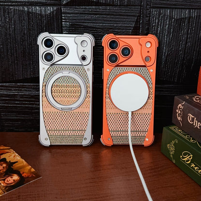 Armor King Stoat Bezel-less MagSafe Pivot Ring Stand Golden Silk Silver Brocade Metal Case Cover