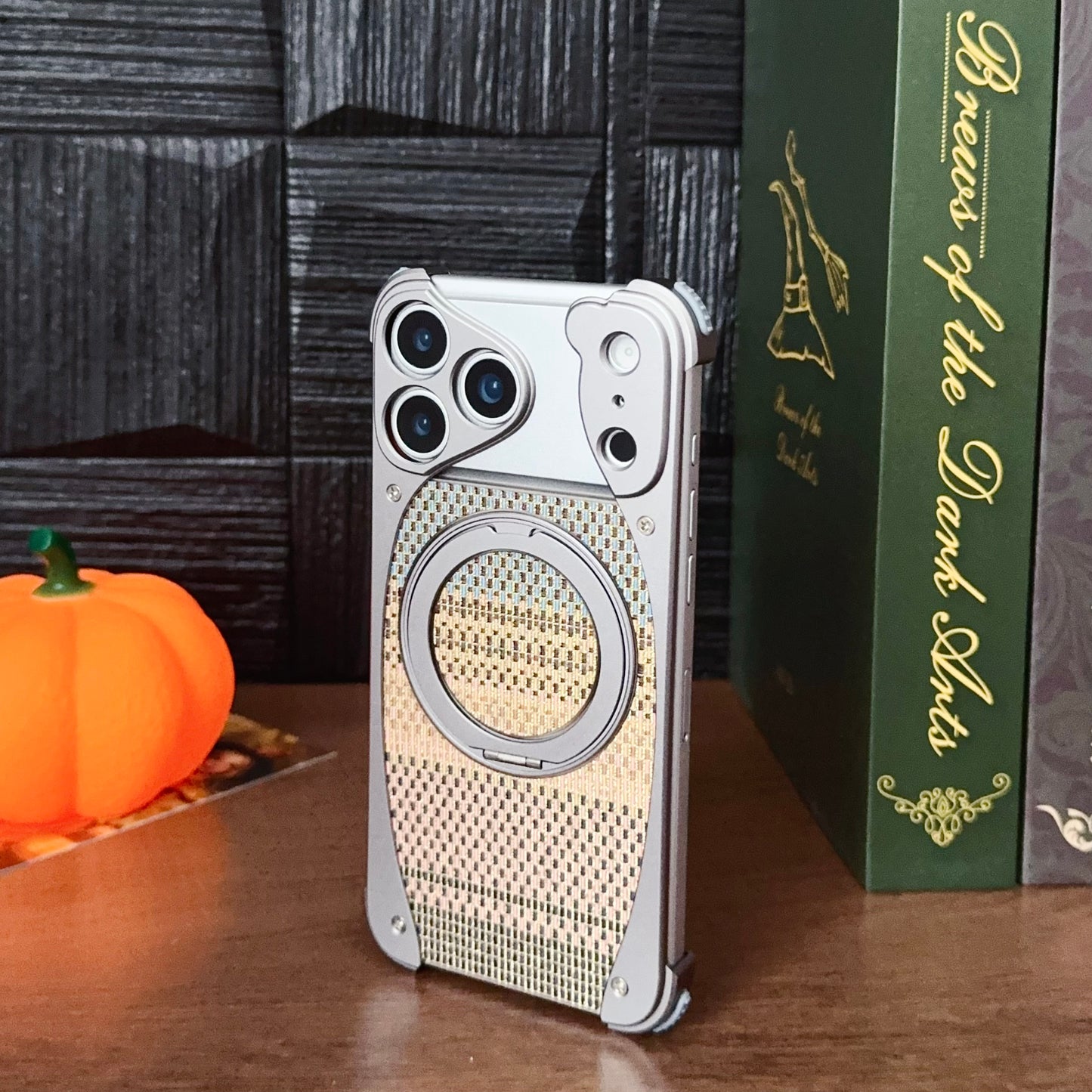 Armor King Stoat Bezel-less MagSafe Pivot Ring Stand Golden Silk Silver Brocade Metal Case Cover