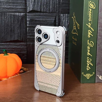 Armor King Stoat Bezel-less MagSafe Pivot Ring Stand Golden Silk Silver Brocade Metal Case Cover