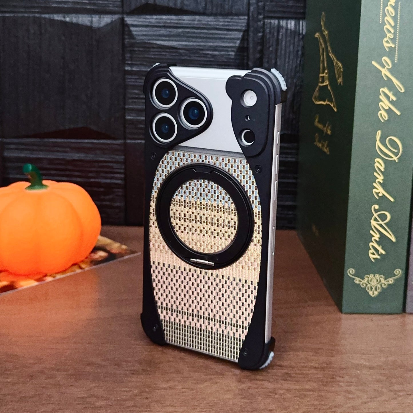 Armor King Stoat Bezel-less MagSafe Pivot Ring Stand Golden Silk Silver Brocade Metal Case Cover