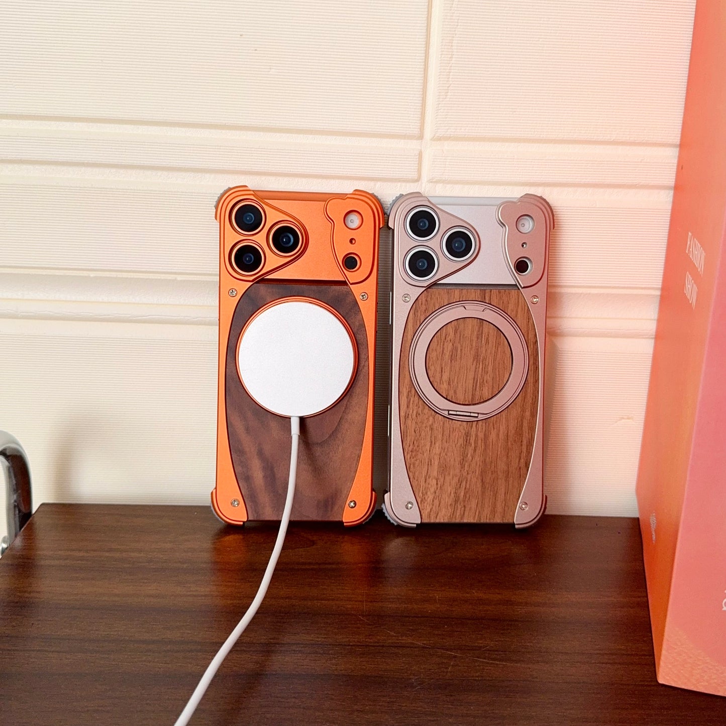 Armor King Stoat Bezel-less MagSafe Pivot Ring Stand Walnut Wood Metal Case Cover