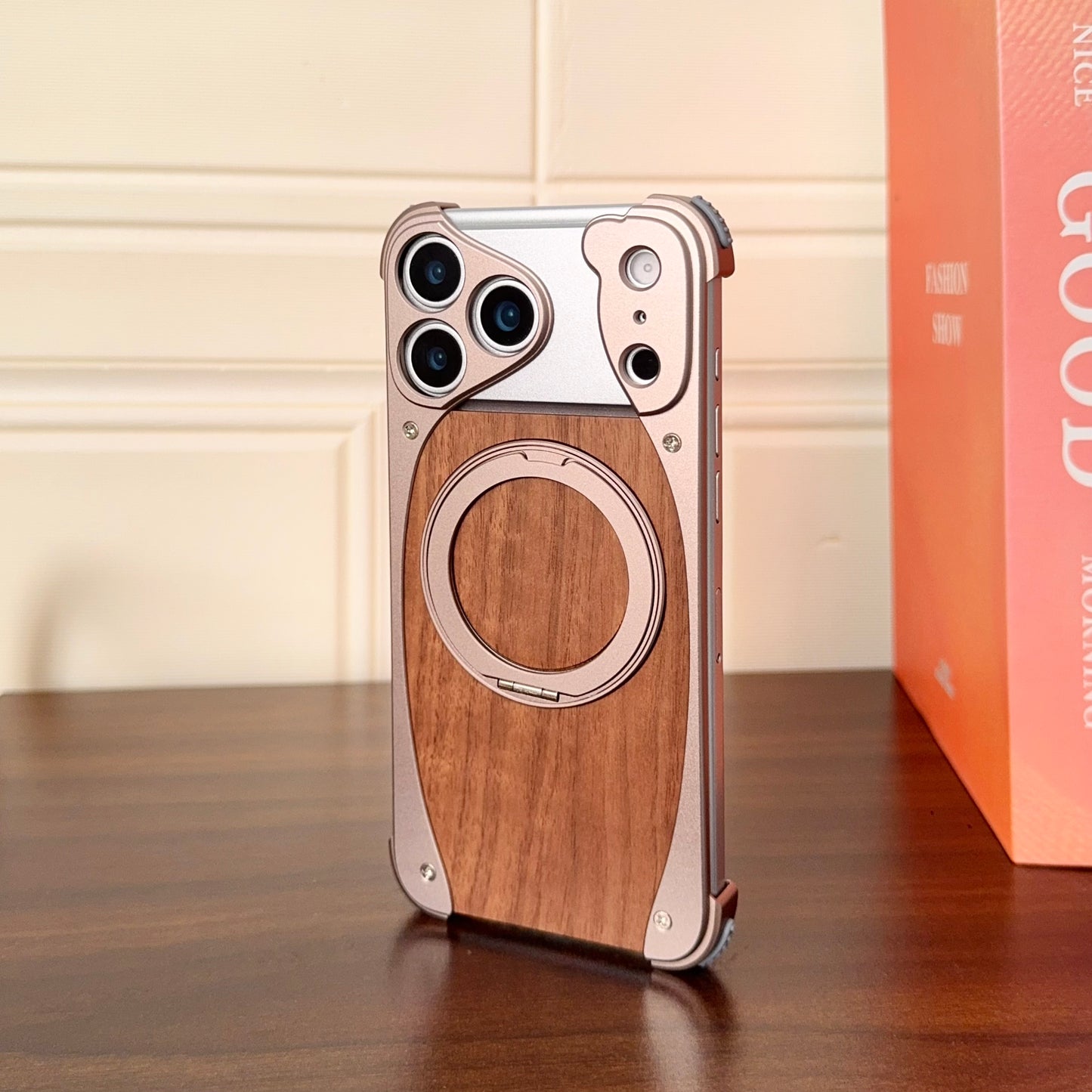 Armor King Stoat Bezel-less MagSafe Pivot Ring Stand Walnut Wood Metal Case Cover