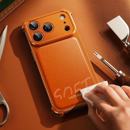 Oatsbasf Armour MagSafe Aluminum Bumper Genuine Leather Air Cushion Shockproof Case Cover