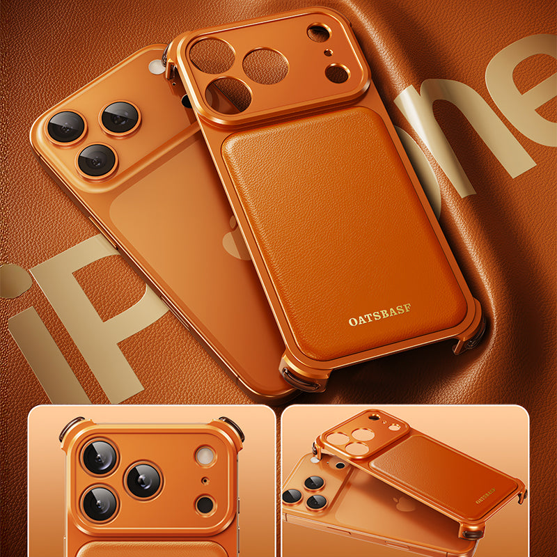 Oatsbasf Armour MagSafe Aluminum Bumper Genuine Leather Air Cushion Shockproof Case Cover