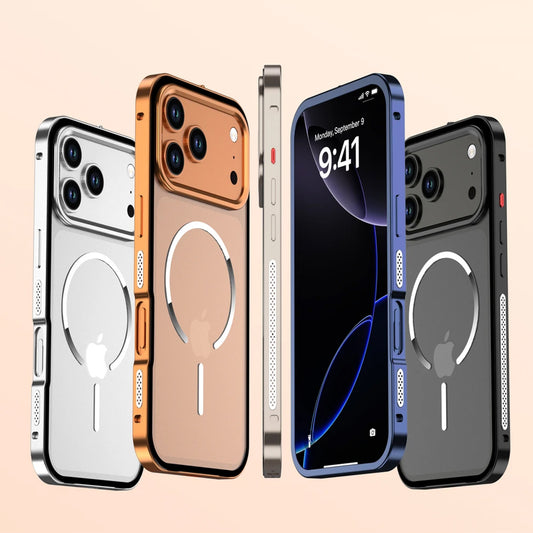 Armor King MagSafe Elastic Buckle Heat Dissipation Metal Bumper Frosted Acrylic Back Case Cover