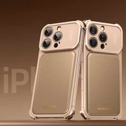 Oatsbasf Armour MagSafe Aluminum Bumper Genuine Leather Air Cushion Shockproof Case Cover