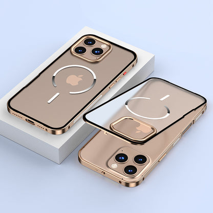 Armor King MagSafe Elastic Buckle Heat Dissipation Metal Bumper Frosted Acrylic Back Case Cover