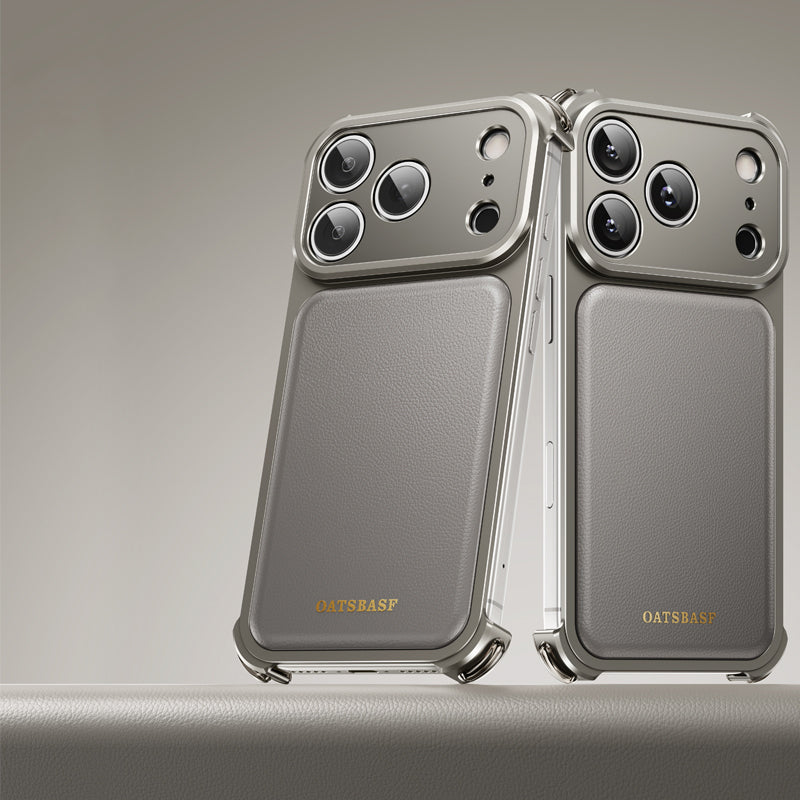 Oatsbasf Armour MagSafe Aluminum Bumper Genuine Leather Air Cushion Shockproof Case Cover