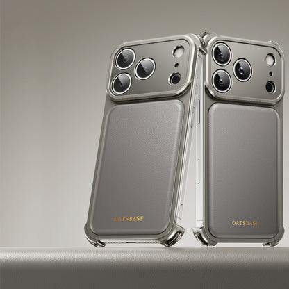 Oatsbasf Armour MagSafe Aluminum Bumper Genuine Leather Air Cushion Shockproof Case Cover