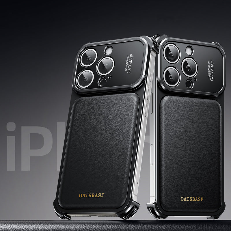 Oatsbasf Armour MagSafe Aluminum Bumper Genuine Leather Air Cushion Shockproof Case Cover