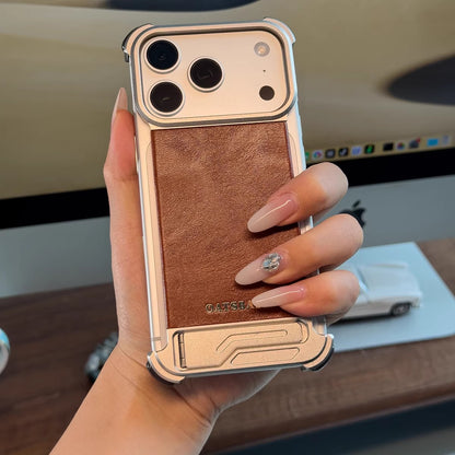 Oatsbasf Yiliupi MagSafe Hidden Stand Genuine Leather Frameless Metal Case Cover