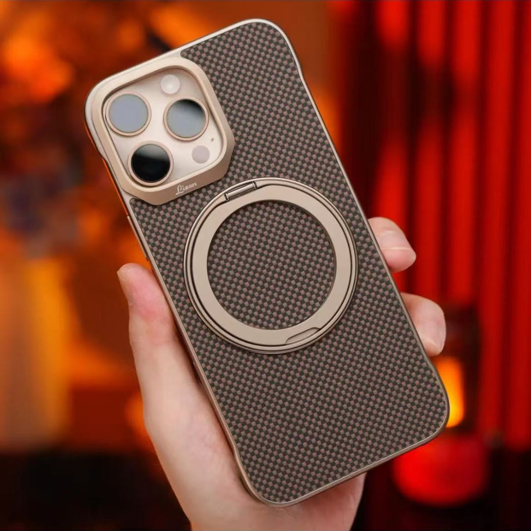 Armor King Bezel-less Aramid Fiber MagSafe Pivot Ring Stand PC Back Case Cover