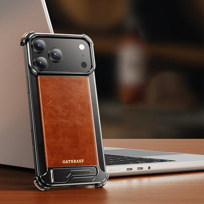 Oatsbasf Yiliupi MagSafe Hidden Stand Genuine Leather Frameless Metal Case Cover