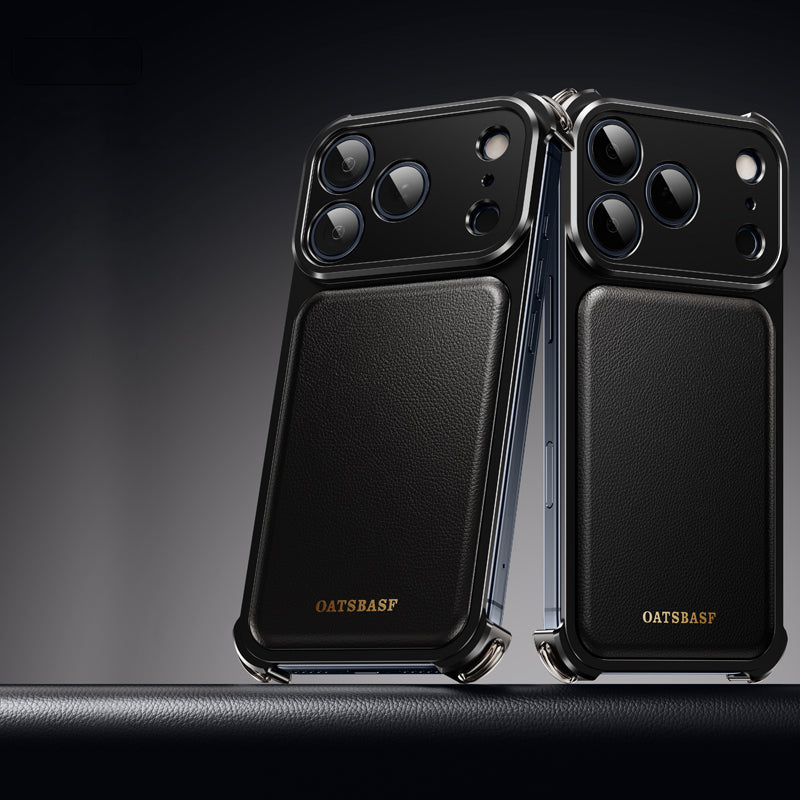 Oatsbasf Armour MagSafe Aluminum Bumper Genuine Leather Air Cushion Shockproof Case Cover