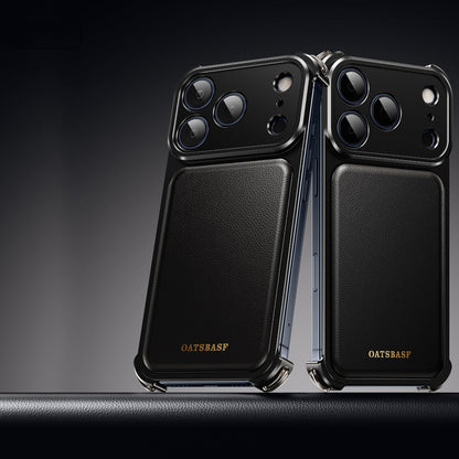 Oatsbasf Armour MagSafe Aluminum Bumper Genuine Leather Air Cushion Shockproof Case Cover