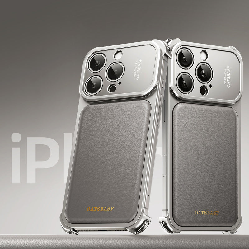 Oatsbasf Armour MagSafe Aluminum Bumper Genuine Leather Air Cushion Shockproof Case Cover