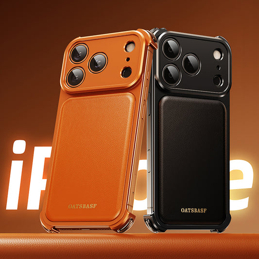 Oatsbasf Armour MagSafe Aluminum Bumper Genuine Leather Air Cushion Shockproof Case Cover