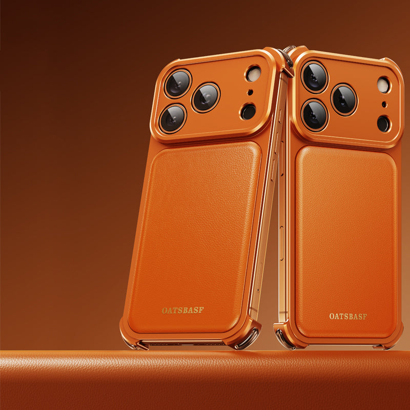 Oatsbasf Armour MagSafe Aluminum Bumper Genuine Leather Air Cushion Shockproof Case Cover